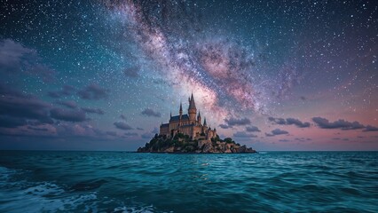 Obraz premium Gorgeous castle in the middle of the ocean under the Milky Way
