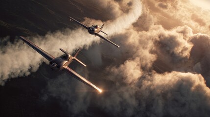 Two vintage airplanes soaring through a dramatic cloudy sky with exhaust trails
