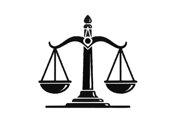 Illustration of a balanced justice scale with two pans and a central support structure in black and white on transparent background