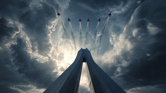 Five jet fighters fly in formation leaving smoke trails across a cloudy sky above a modern architectural structure