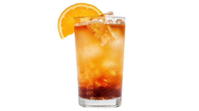 Refreshing cocktail with ice and orange slice on the rim against a clean backdrop, isolated on white background