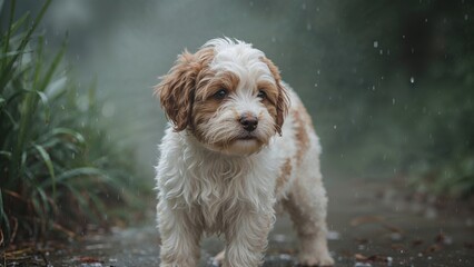 Wet Bernedoodle puppy outside in the mist