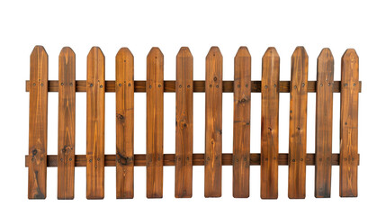 Fototapeta premium Rustic wooden fence with pointed tops against a clear background ideal for landscaping, isolated on white background