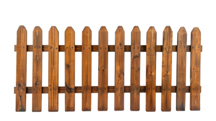 Rustic wooden fence with pointed tops against a clear background ideal for landscaping, isolated on white background