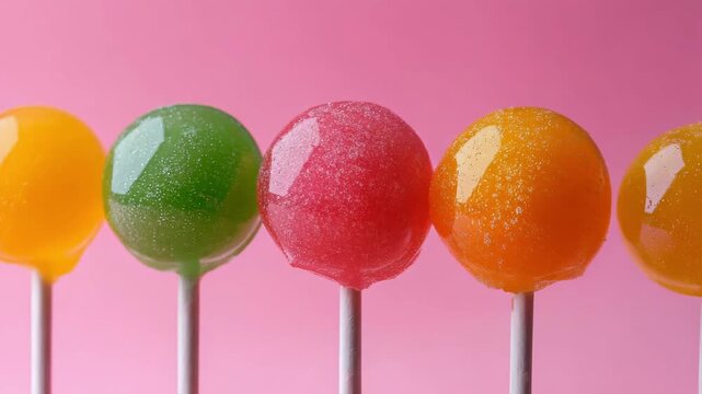 Colorful Lollipops on Sticks, Row of Sweet Candy Treats, Pink Background, Close-up Confectionery, Bright and Cheerful, Party Favors