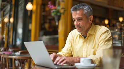 Man absorbed in his work at a lively cafe sipping coffee and typing on his laptop with concentration.