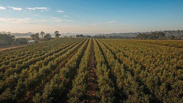 Aerial views over top of rows of orange trees in plantation. - Powered by Adobe