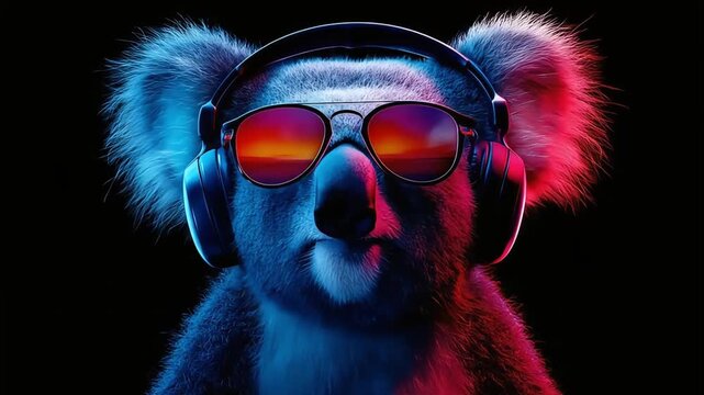 Koala wearing headphones and sunglasses beneath neon blue and red lighting, cyberpunk mood. neon art
