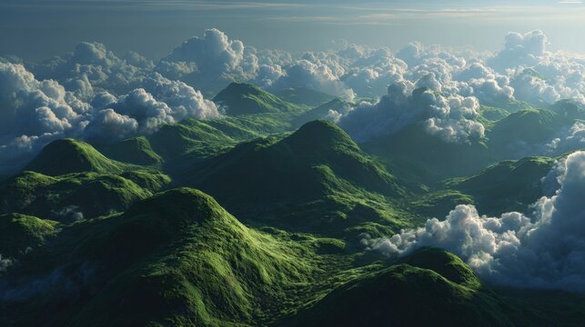 Lush green mountains rise and fall amidst dramatic clouds bathed in soft light