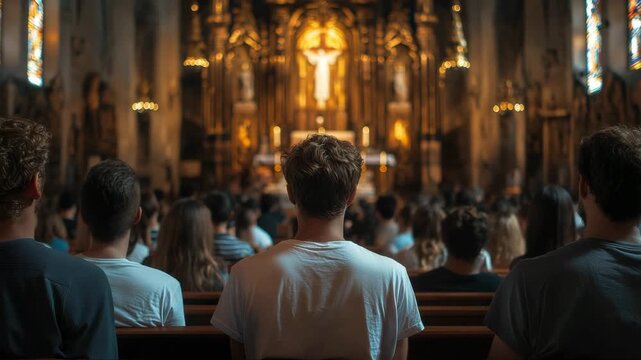 Back View of Congregation Attending Church Service, People Sitting in Pews, Religious Ceremony, Worship, Christianity, Faith, Spirituality, Golden Light