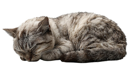 a serene gray tabby cat peacefully sleeping in a curled position, isolated on a transparent background