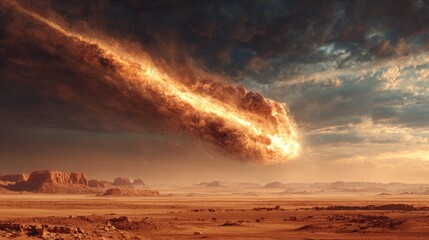 Fiery celestial object streaks across dramatic skies over arid desert landscape