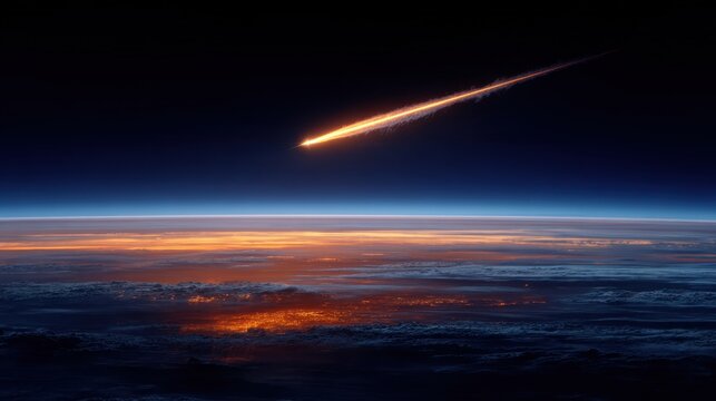 Meteor streak across dark sky above glowing Earth atmosphere and clouds during twilight
