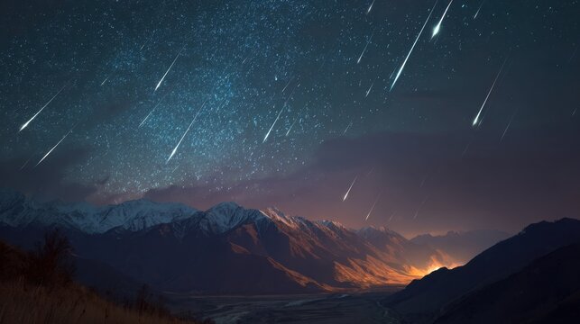 A star filled night sky with numerous shooting stars over snow capped mountains and a dimly lit valley