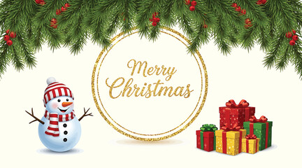 A festive merry christmas scene featuring a cheerful snowman, a golden circle frame, a stack of colorful gift boxes, and a garland of pine branches