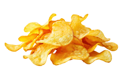 A vibrant pile of crispy potato chips  perfect for food advertising, isolated on white background