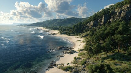 Scenic coastline with lush green trees sandy beach rocky shore and blue ocean waves under a cloudy sky