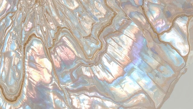 Texture of mother-of-pearl seashell surface with iridescent, swirling patterns and colors.