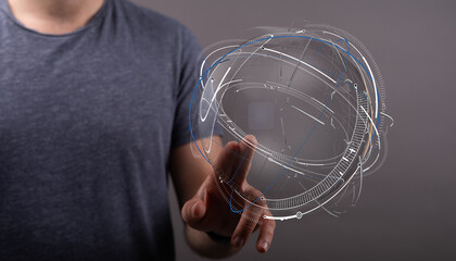 A man touching a futuristic digital globe. Concepts of technology, data, connection, innovation, and global networks are relevant.