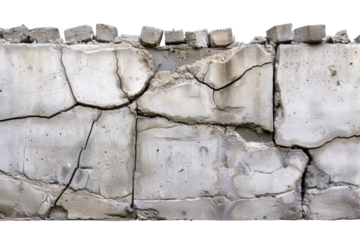 Cracked concrete wall with visible damage and debris showcasing urban decay, isolated on white background