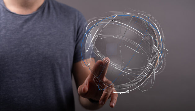 A man touching a futuristic digital globe. Concepts of technology, data, connection, innovation, and global networks are relevant. - Powered by Adobe