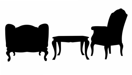 Elegant antique furniture silhouette, perfect for branding or design projects evokes classic style, with a chair, loveseat, and table, timeless charm