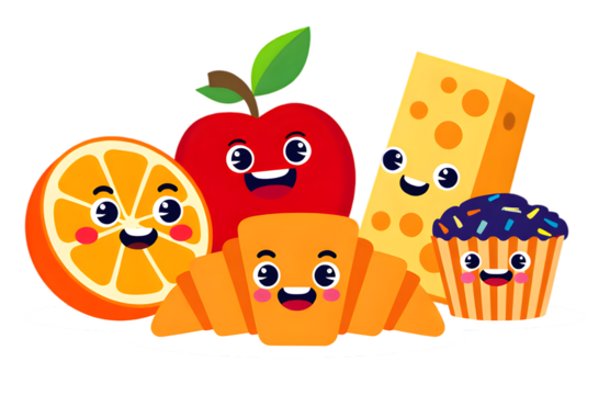 Happy cartoon food characters apple orange croissant cheese muffin