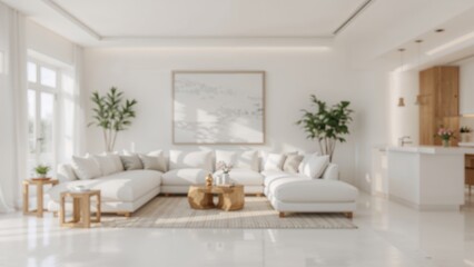 Fototapeta premium Blurred background of a minimalist living room design with a white sectional sofa, cozy decor, and bright natural light creating a warm atmosphere.