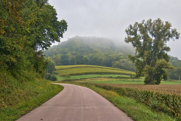 Autumn landscape of a road curving past fields and through rolling hills in Wisconsin’s Driftless Area near Trempealeau, Wisconsin.