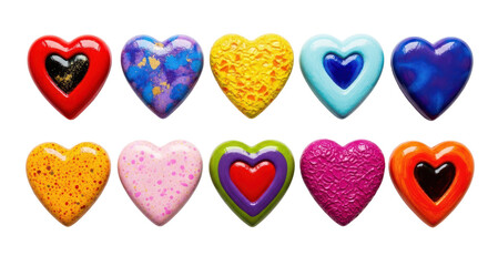 Fototapeta premium Multicolored Heart Collection: a collection of vibrant, intricately designed hearts with various shapes and textures, symbolizing love, passion, and affection.