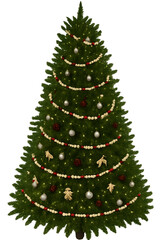 Christmas Tree Decorated with Red and White Garland, Silver Baubles, and Gingerbread Ornaments on White Background