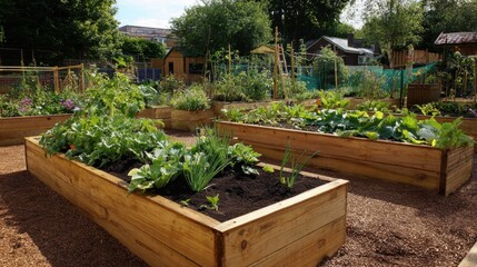 Bright community garden showcasing vibrant vegetable beds in a sunny outdoor setting near homes