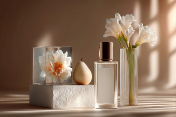 A warm, natural still-life featuring perfume bottles with flowers
