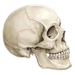 Detailed illustration of human skull view isolated on white background, showing bone structure for medical