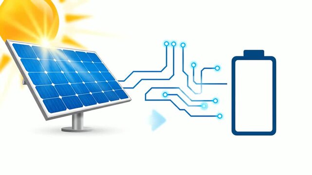 Solar panel illustration with energy arrow and sun symbol against white background