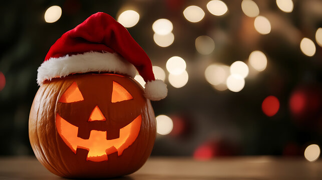 Festive fusion: A jack-o'-lantern dons a Santa hat, blending Halloween spookiness with holiday cheer. Warm lights twinkle in the background, creating a magical ambiance.