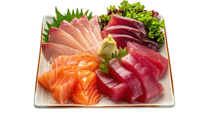 Fresh sashimi platter showcasing assorted fish varieties with vibrant garnishes, isolated on white background