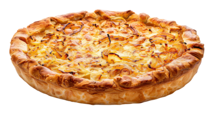 Freshly baked savory pie with golden crust placed showcasing its flaky texture, isolated on white background