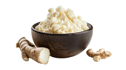 Freshly grated ginger root in a wooden bowl showcasing its texture and freshness, isolated on white background