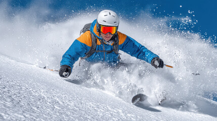 Exhilarated male skier skiing fast down snowy mountain. Man carving through deep powder snow enjoying speed and action of an extreme winter sport on sunny day