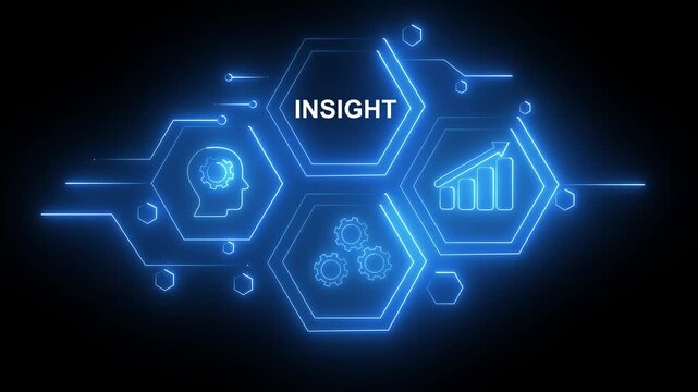 Abstract neon Hud knowledge ability business gear icon Glowing neon line concept. Glowing A INSIGHT "INSIGHT" button in German on a futuristic, abstract wave technology om black background.