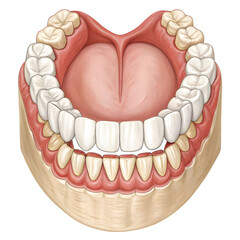 Detailed illustration of human teeth with full upper and lower jaw, isolated on white background, for medical