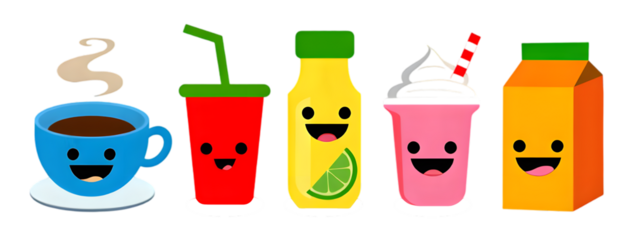 Kawaii drinks collection featuring happy coffee cup soda bottle milkshake and juice carton