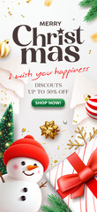 Merry christmas gift box red ribbon, snowman, pine tree, christmas ornaments, poster flyer design on white background