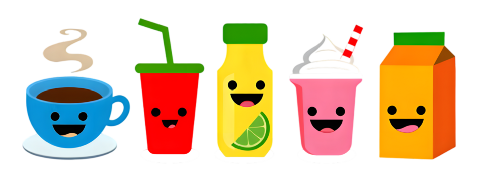 Kawaii drinks collection featuring happy coffee cup soda bottle milkshake and juice carton - Powered by Adobe
