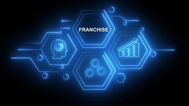 Abstract neon Hud knowledge ability business gear icon Glowing neon line concept. Glowing A FRANCHISE " FRANCHISE" button in German on a futuristic, abstract wave technology om black background.