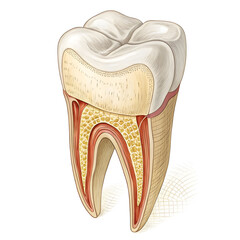 Detailed illustration of a single human molar tooth isolated on white background, showing structure for dental, medical