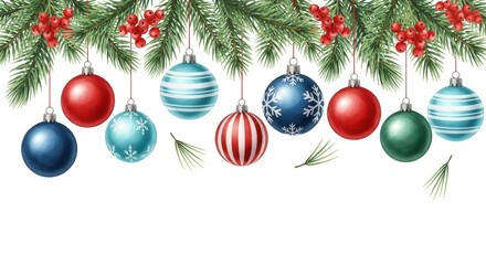 Festive Ornament Garland: A vibrant collection of colorful baubles suspended from lush evergreen boughs, the image embodies the joyous spirit of the holiday season and create a cheerful atmosphere.