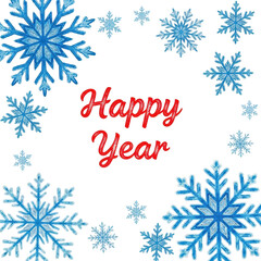 Happy New Year Snowflake: A joyful greeting of Happy Year is surrounded by elegantly designed snowflakes in a wintery setting. conveying the essence of the season's joy and festive spirit.