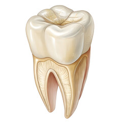 Detailed illustration of a single human molar tooth isolated on white background, showing structure for dental, medical